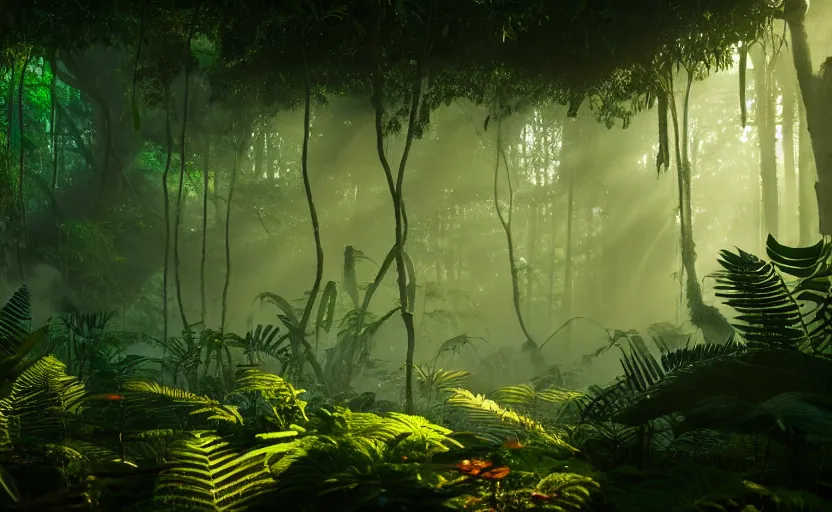 Image similar to a beautiful render of a dark prehistoric rainforest, lush flora, insects flying around, patches of green - orange sky, intricate detail, god rays, hazy, humid, volumetric lighting, 8 k, photorealistic, raytracing effects, unreal engine 5