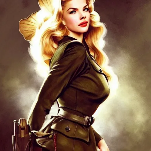 Image similar to A combination of Katheryn Winnick's and Grace Kelly's and Victoria Justice's appearances as a WW2 soldier, full body portrait, western, D&D, fantasy, intricate, elegant, highly detailed, digital painting, artstation, concept art, matte, sharp focus, illustration, art by Artgerm and Greg Rutkowski and Alphonse Mucha