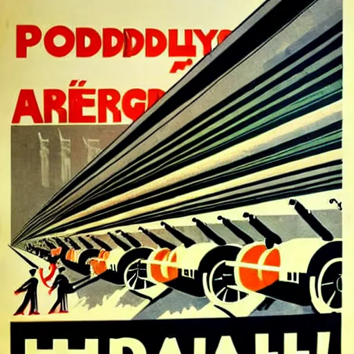 Image similar to propaganda poster featuring an extremely large number of artillery cannons, artillery, guns, production line inside a factory, parallel lines, limited palette, ww 1