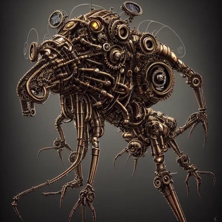 Image similar to steampunk biomechanical ant, 3 d model, unreal engine realistic render, 8 k, micro detail, intricate, elegant, highly detailed, centered, digital painting, artstation, smooth, sharp focus, illustration, artgerm, tomasz alen kopera, wlop