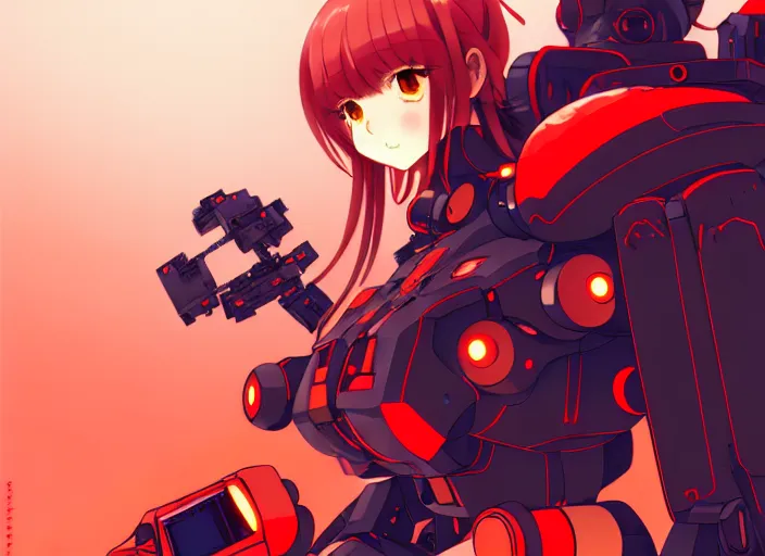 Image similar to anime girl with battle mech,Karolis Strautniekas, omoide emanon, tsuruta kenji, murata range,kawaii, kyoto animation, manga, intricate, detailed, studio lighting, orange red black white, gradation,editorial illustration, matte print, Ilya Kuvshinov