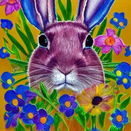 Prompt: The drawing is a beautiful and playful work that perfectly encapsulates the artist's unique style. The drawing features a rabbit made out of ceramic, which is surrounded by brightly colored flowers. The work is both charming and sophisticated, and it is sure to bring a smile to any viewer's face. pastel by Serge Marshennikov, by Ryoji Ikeda