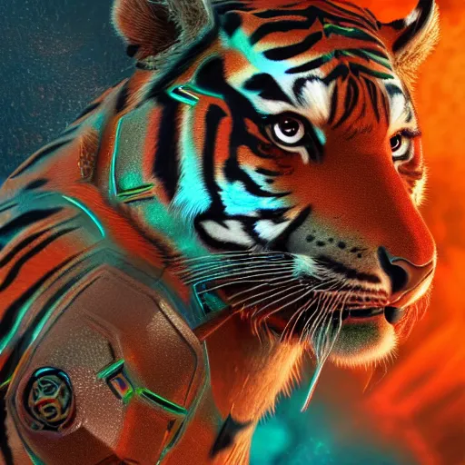 Image similar to 3 d breathtaking cool beautiful mayan ornate biomechanical coloured tiger, isometric perspective, 8 k octane render