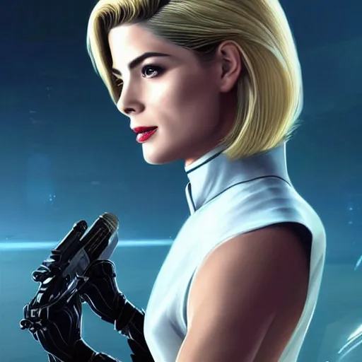 Image similar to A combination of Grace Kelly's and Ada Wong's and Ashley Greene's appearances with blonde hair wearing Forerunner armor from Halo, high tech, action shot, angular, full body portrait, futuristic, dramatic, fantasy, intricate, elegant, highly detailed, artstation, matte, sharp focus, 8K, art by Artgerm and Greg Rutkowski and Alphonse Mucha