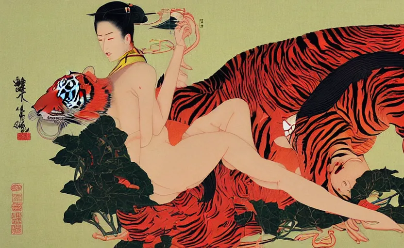 Image similar to a red delorean and a yellow tiger body, painting by hsiao - ron cheng & utagawa kunisada, magazine collage style,