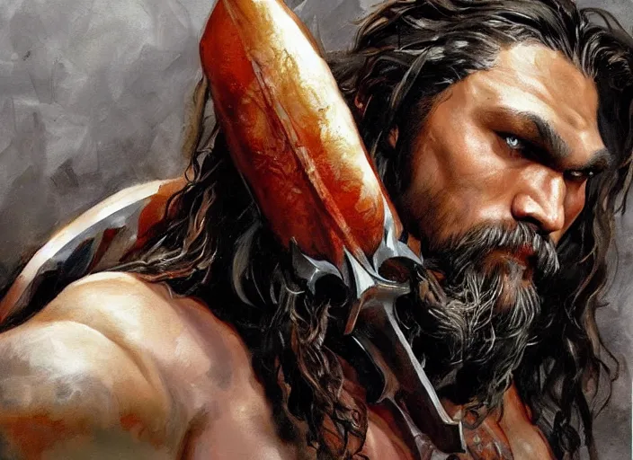 Prompt: a highly detailed beautiful portrait of jason momoa as kratos, by gregory manchess, james gurney, james jean