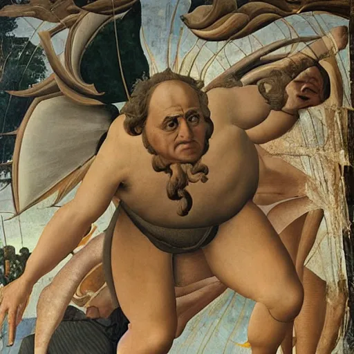 Image similar to Danny Devito standing on a giant clamshell, painting by Sandro Botticelli, detailed, 4k