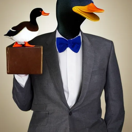 Image similar to a high detail photo of a man with a duck's head wearing a suit, antropomorphic, photorealism