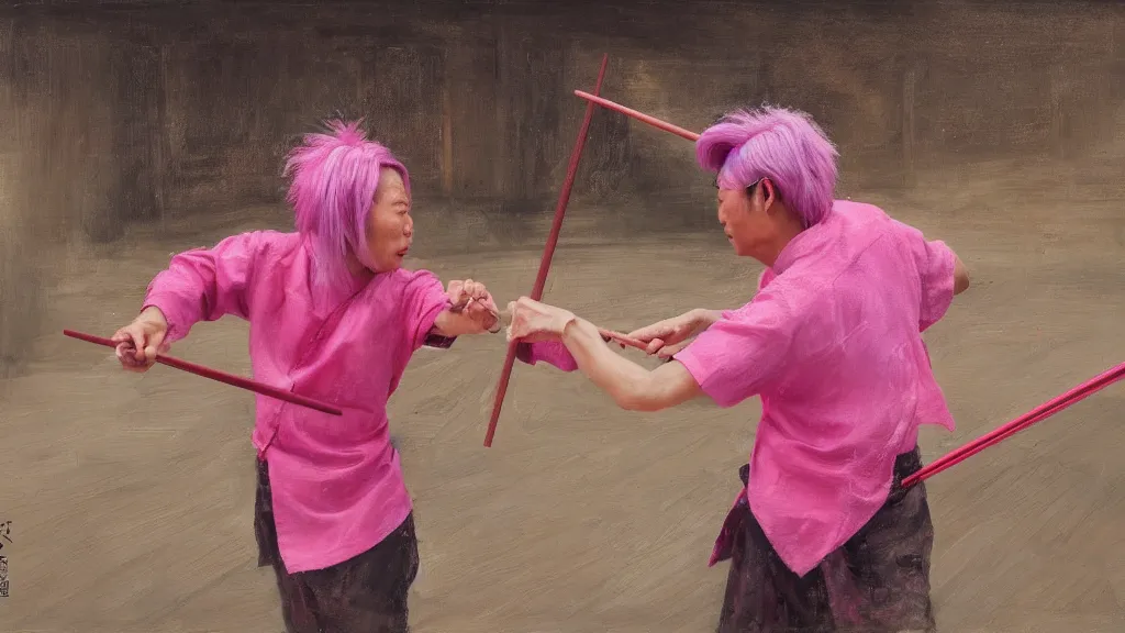 Prompt: asian person with chopsticks fighting a turkish person with pink hair, cinematic, 4 k, oil painting