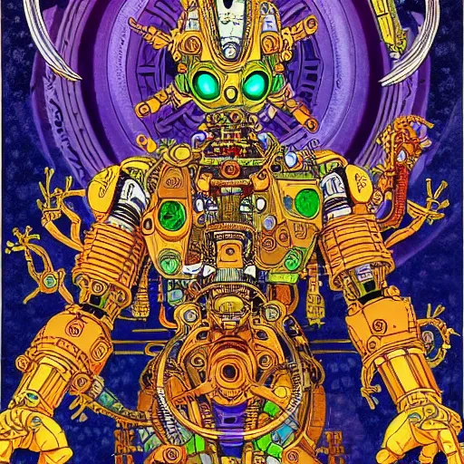 Prompt: detailed intricate color manga illustration of a Hindu god with a halo as an evil cyborg alien robot with lots of arms and weapons, cyberpunk, sistine chapel, davinci, religion, Hindu, vishnu, akira, dystopian, sci-fi, geof darrow, transmetropolitan, ronin
