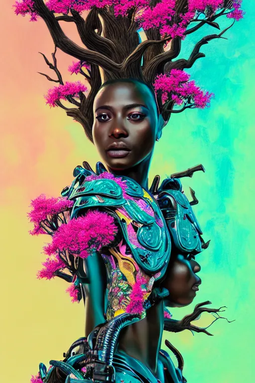 Image similar to illustration neo - rococo cinematic super expressive! yoruba goddess with exoskeleton armor, merging with tree in a forest, pink yellow flowers, highly detailed digital art masterpiece, smooth etienne sandorfi eric zener dramatic pearlescent soft teal light, ground angle hd 8 k, sharp focus