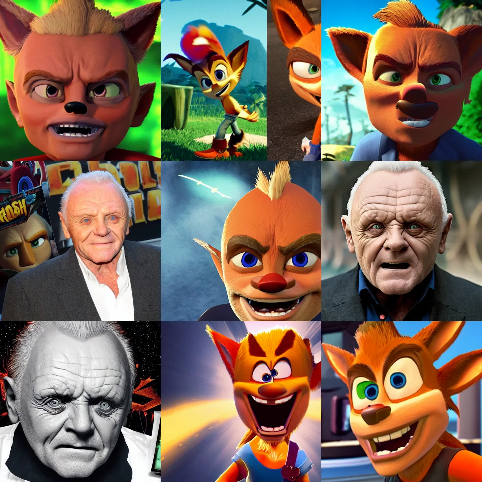 Prompt: anthony hopkins as crash bandicoot