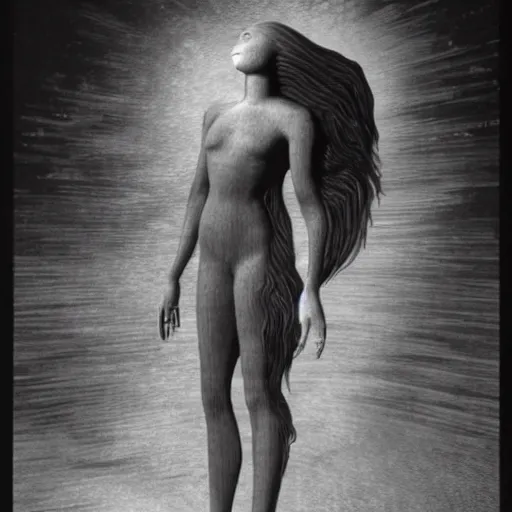 Image similar to A beautiful computer art of a human-like creature with long, stringy hair. The figure has no eyes, only a mouth with long, sharp teeth. The creature is standing on a cliff overlooking a dark, foreboding sea. by Alexander Archipenko composed, imposing