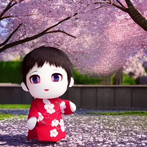 Prompt: cute fumo plush of a boy in the middle of a cherry blossom grove in bloom, kimono, particle simulation, vray