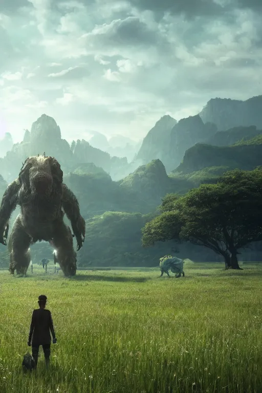 Prompt: A beuatiful meadow with a giant creature walking in the far distance by Greg Rutkowski, Sung Choi, Mitchell Mohrhauser, Maciej Kuciara, Johnson Ting, Maxim Verehin, Peter Konig, final fantasy , 8k photorealistic, cinematic lighting, HD, high details, atmospheric,