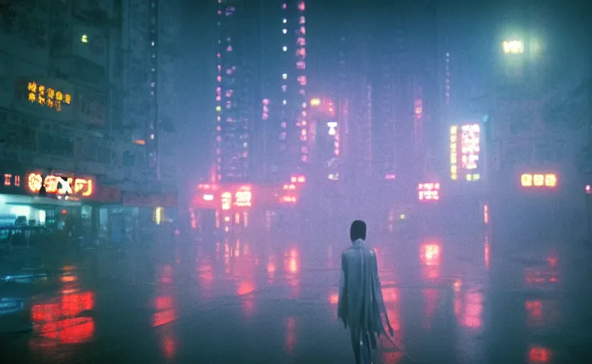 Prompt: 35mm atmospheric urban photographic landscape of Hong Kong 20XX, Blade Runner 1982 city, futuristic dystopian megacity skyline, hard rain falling, neon, industrial fires and smog