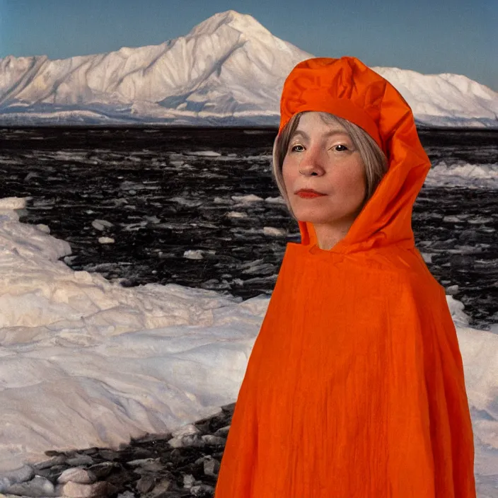 Prompt: closeup portrait of a woman wrapped in orange fiber, standing in alaska, aurora i in background, color photograph, by vincent desiderio, canon eos c 3 0 0, ƒ 1. 8, 3 5 mm, 8 k, medium - format print