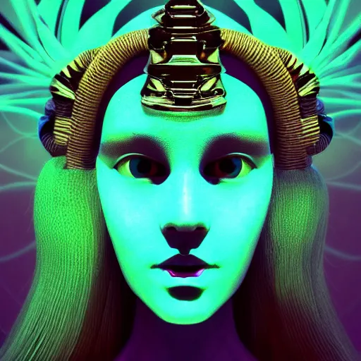 Prompt: tapping in to something greater, piles of modular synth cables, goddess portrait wearing a big headpiece in a mystical glowing forest in the style of wlop, stanley kubrick, masamune, unique perspective, vibrant colors and hard shadows and strong rim light, perfect details, trending on artstation, 3 d render, smooth render, green and blue palette, wlop