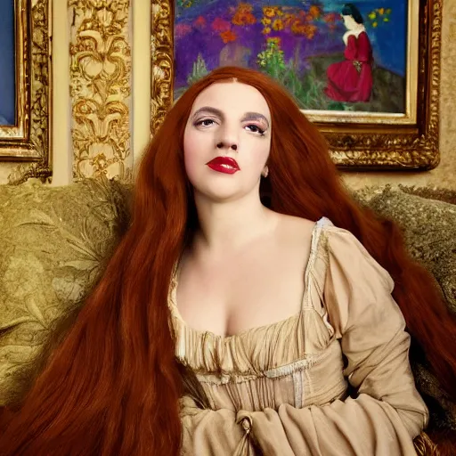 Image similar to preraphaelite photography reclining on bed, a hybrid of judy garland and lady gaga, aged 2 5, big brown fringe, yellow ochre ornate medieval dress, 4 k