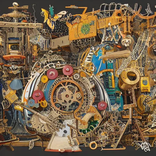 Image similar to a chaotic scene of a crazy machine with lots of details and contraptions. there is a small pair of scissors hidden in the details. the illustration is very detailed and intricate, with a lot of small elements that come together to create a cohesive whole. it uses a limited palette of colors, which helps to create a cohesive and unified look.