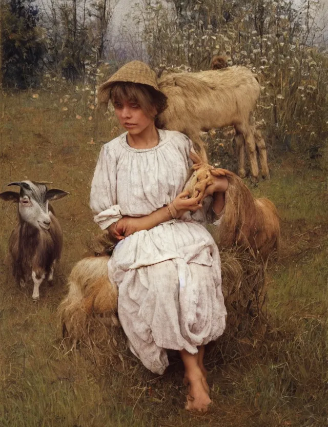 Image similar to portrait of peasant girl pet a goat, cottage core, cinematic focus, polaroid photo bleached vintage pastel colors high - key lighting, soft lights, foggy, by steve hanks, by lisa yuskavage, by serov valentin, by tarkovsky, 8 k render, detailed, oil on canvas