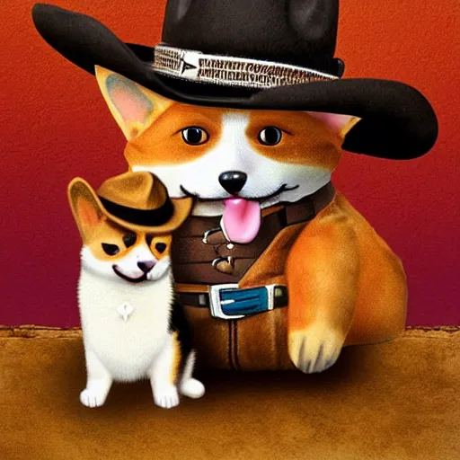 Prompt: cat in a cowboy hat riding a corgi, wild west, sunset