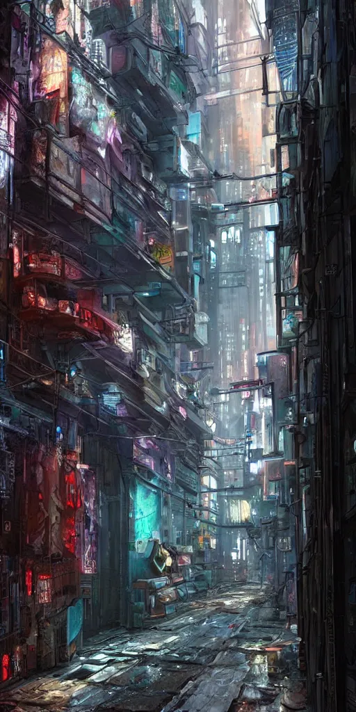 Prompt: A realistic cyberpunk alleyway