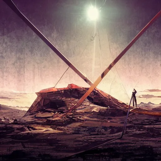 Image similar to a triangle made of rusted metal sitting on worn cloth in a deserta. in anime style, dark color, ultra wide angle, panoramic, fish eye, colorfull painting, centered, front, horizont, outline, gundam, detailed, art by stephan martiniere, 4 k resolution