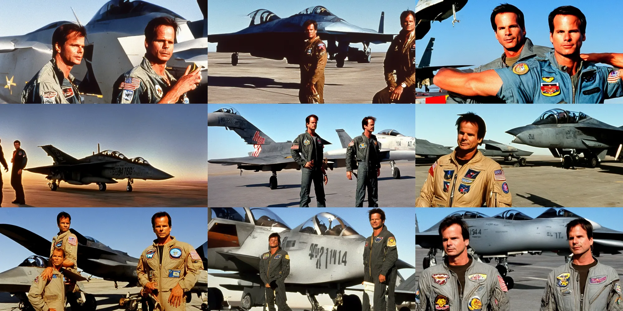 Prompt: Portrait (30 year old Bill Paxton) standing next to an F14 plane, golden hour, film still from Top Gun 1986