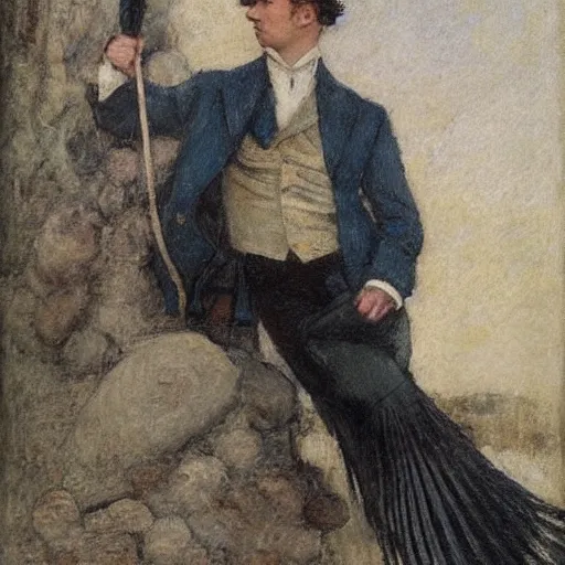 Prompt: male sherlock holmes mermaid in the style of jules bastien - lepage