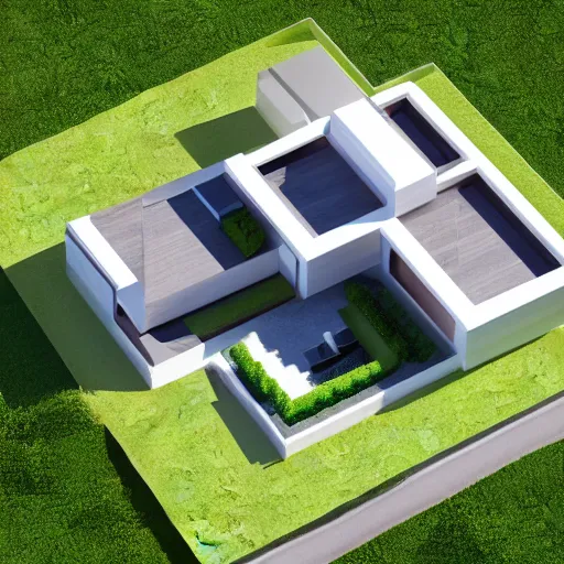 Image similar to isometric render of a beautiful modern home designed for aesthetics, energy efficiency and foliage, cg render, high resolution, professional