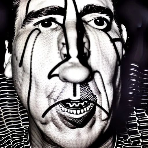 Image similar to uhd candid photo of nicholas cage made out of chickenwire. correct face, accurate face, exaggerated features, intricate details, intricate clown makeup, hyperdetailed, accurate face. photorealistic. photo by annie leibowitz