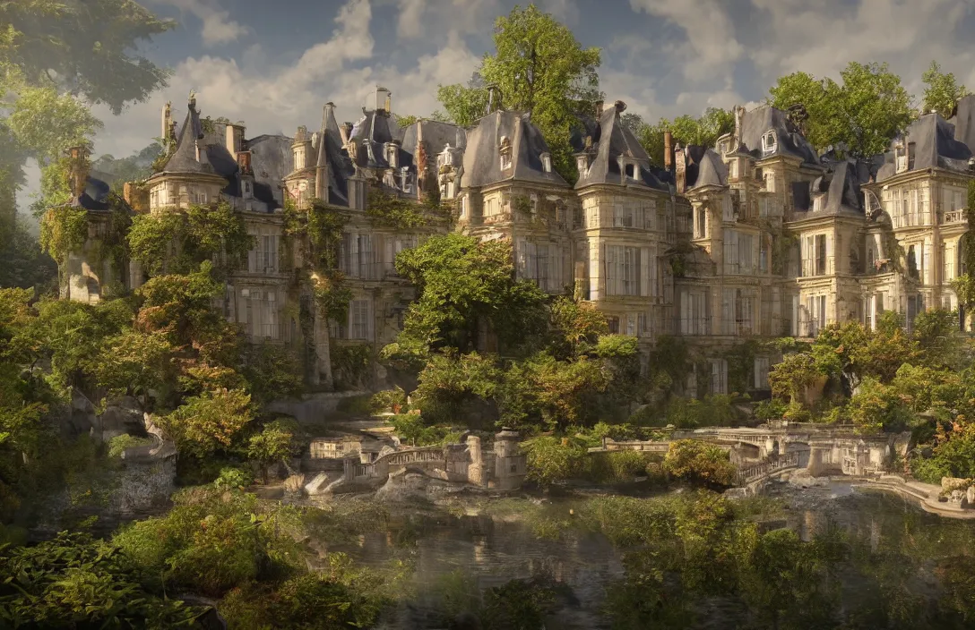 Prompt: a hyper realistic professional photographic view picture of a french chateau filter unreal engine 5 realistic hyper detailed 8k ultradetail cinematic concept art volumetric lighting, fantasy artwork, very beautiful scenery, very realistic painting effect, hd, hdr, cinematic 4k wallpaper, 8k, ultra detailed, high resolution, artstation trending on artstation in the style of Albert Dros glowing rich colors powerful imagery nasa footage drone footage drone photography
