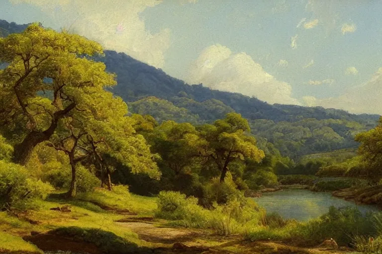 Prompt: masterpiece painting of oak trees on a hillside overlooking a creek, by arthur frank mathews