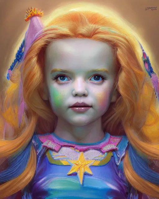 Image similar to doll rainbow brite portrait | highly detailed | very intricate | symmetrical | whimsical and magical | soft cinematic lighting | award - winning | closeup portrait | painted by donato giancola and mandy jurgens and charlie bowater | pastel color palette | featured on artstation