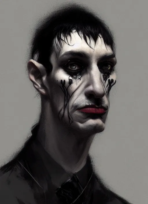 Prompt: portrait of a strange man with a crooked nose and a confident expression, 1 9 6 0 s, black clothes, goth, punk, funk, intricate, elegant, highly detailed, digital painting, artstation, concept art, smooth, sharp focus, illustration, art by wlop, mars ravelo and greg rutkowski