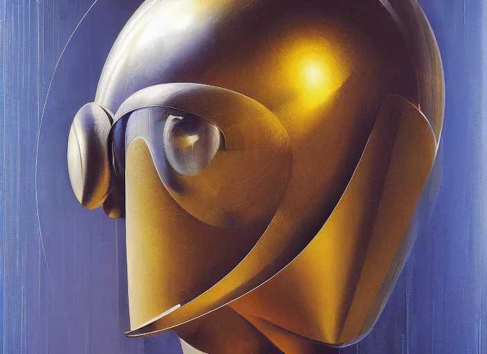 Image similar to a portrait headshot of sci fi metallic human, bright eyes, melancholic complex geometric figure liminal machinery by oskar schlemmer, moebius, john berkey, oil on canvas, portrait facial head, featured on artstation, hd wallpaper