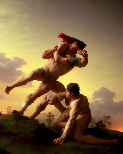 Prompt: two wrestlers fighting on a hill at sunset, style of François Boucher, unreal 5, DAZ, hyperrealistic, octane render, Regal, Refined, Detailed Digital Art, RPG portrait, William-Adolphe Bouguereau, Michael Cheval, dynamic lighting, Highly Detailed, Cinematic Lighting, Unreal Engine, 8k, HD