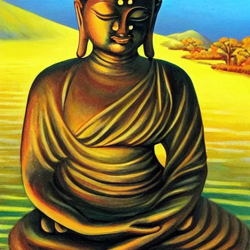 Prompt: contented peaceful south african!!! woman!!!! buddha, praying meditating, in a scenic environment, detailed, golden hour, expressionist painting by ernie barnes