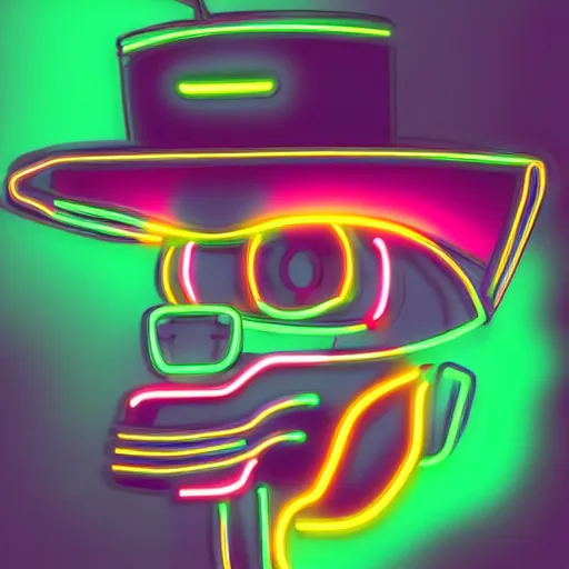 Image similar to a half robot cat wearing a hat, outlined by whirling illuminated neon lines, outrun, vaporware, shaded flat illustration, digital art, trending on artstation, highly detailed, fine detail, intricate