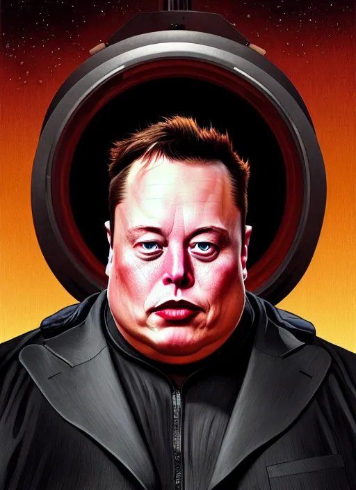 Image similar to elon musk as vladimir harkonnen!!, obese, portrait, intricate, elegant, highly detailed, digital painting, artstation, concept art, wallpaper, smooth, sharp focus, illustration, art by h. r. giger and artgerm and greg rutkowski and alphonse mucha