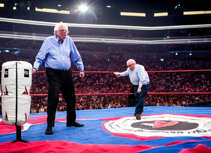 Image similar to photo still of bernie sanders in the ring at wrestlemania 3 6!!!!!!!! at age 7 8 years old 7 8 years of age!!!!!!! with a t - shirt gun, 8 k, 8 5 mm f 1. 8, studio lighting, rim light, right side key light