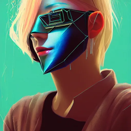 Prompt: Beautiful cyberpunk girl with blond hair wearing a mask profile picture by Mandelbrot, Benoit B., asymmetrical, Organic Painting , Matte Painting, geometric shapes, hard edges, street art, symmetric face, symmetric azure eyes, trending on the artstation:2 by Sachin Teng:4