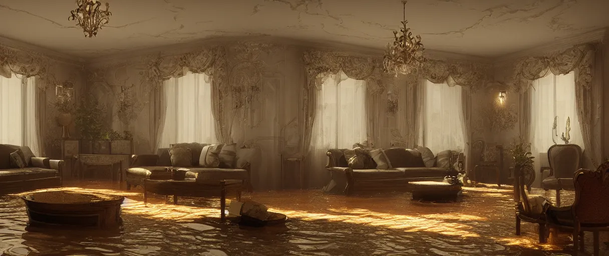 Image similar to decorative empty victorian livingroom flooded with water, octane render, 8k, artstation, concept art, smooth, sharp focus