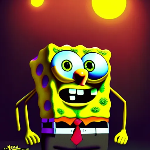 Image similar to spongebob, monster, dark, horror, horrible, stylized, artstation, hd, cgsociety, cgi, realistic, dramatic, cinematic, artistic, trending, detailed