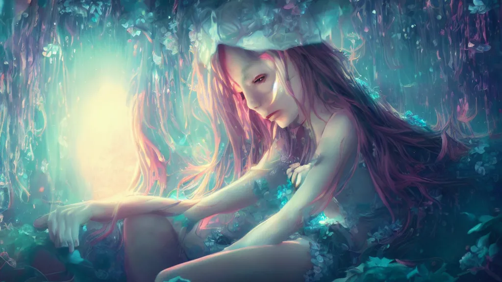 Prompt: Beautiful Geshia girl ” Beautiful Dreamscape, Digital art, concept art, detailed, lovely colors, Art station,3-D 4K, beautiful background, matte painting, ,