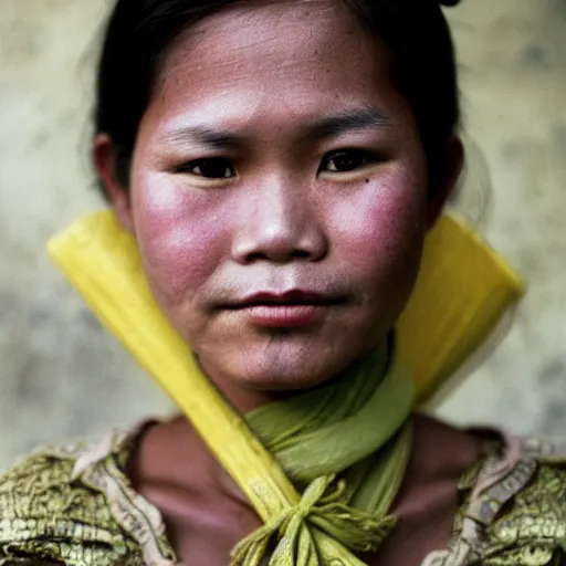 Prompt: Face of a young pre-colonial Filipino woman in her 20s wearing traditional costume, photographed by Steve McCurry