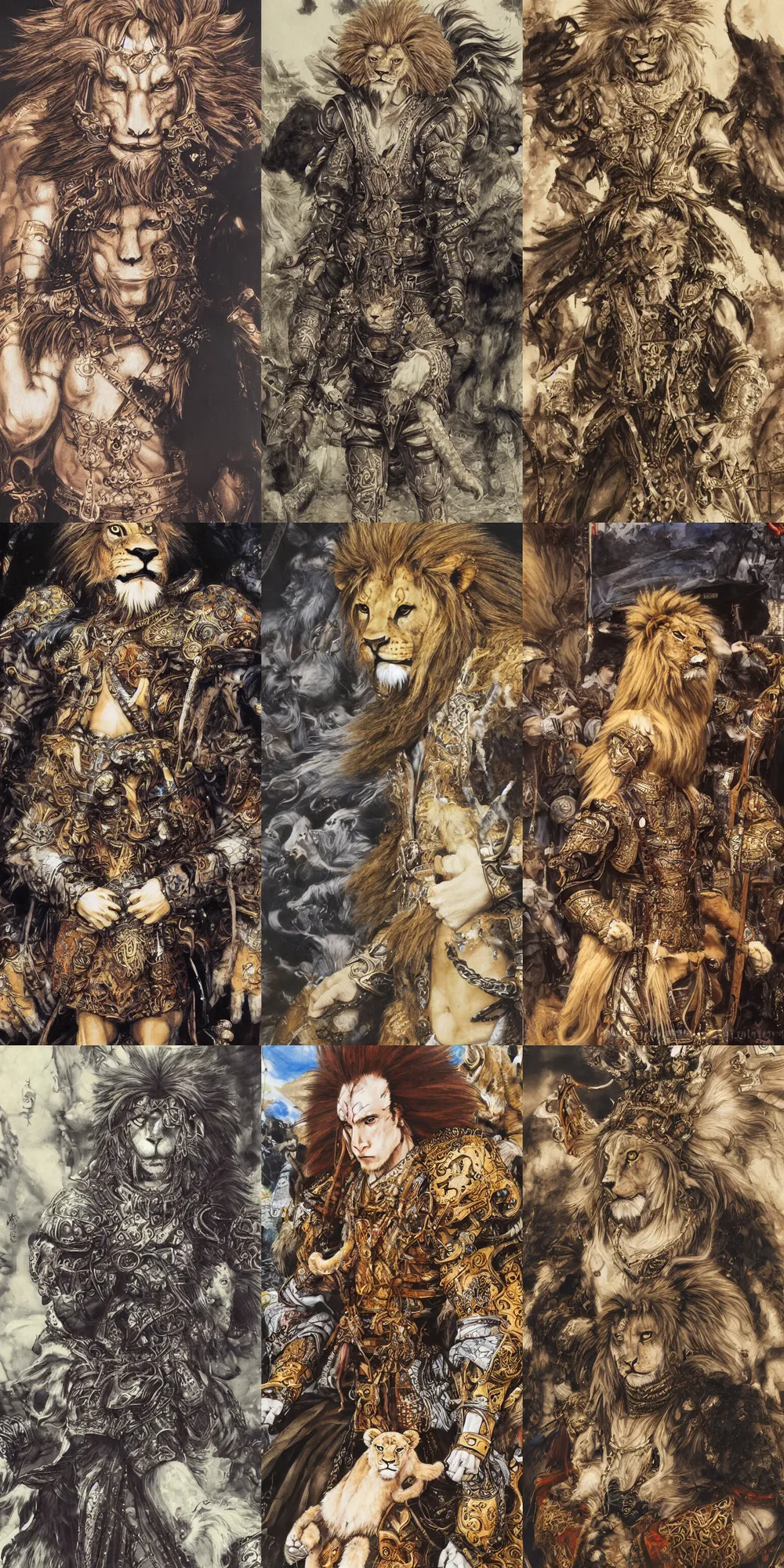 Image similar to 8 k yoshitaka amano painting of upper body of a young cool looking lion beastman with white mane at a medieval market at windy day. depth of field. he is wearing complex fantasy clothing. he has huge paws. renaissance style lighting.