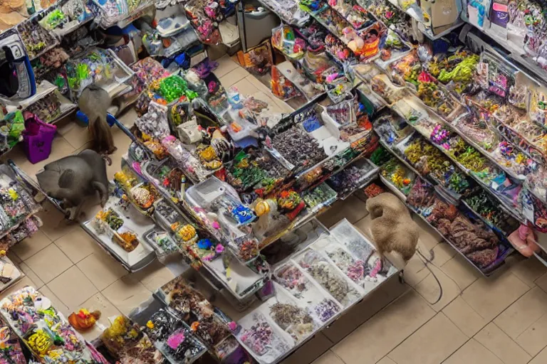 Image similar to overhead view, surveillance, empty pet store with some pets moving around on the floor