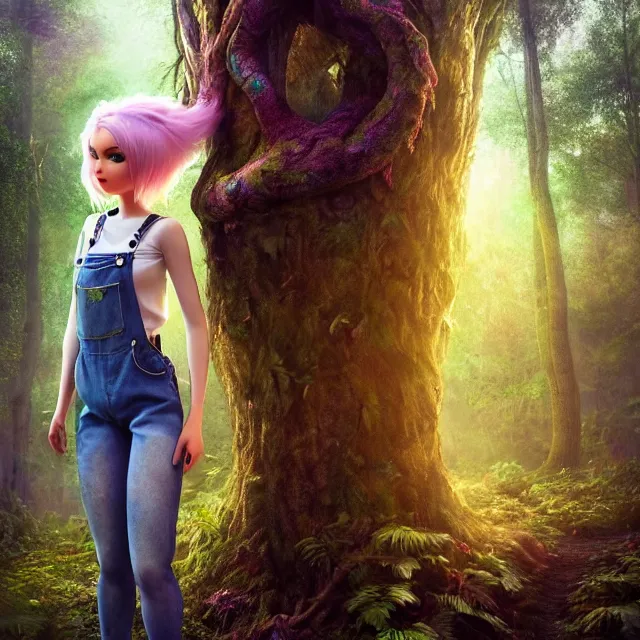 Image similar to full body pose, beautiful adult fairy, pixar, short white hair shaved sides, dirty, grungy, grunge, long sleeve, painted overalls, magic stacks of giant books in a forest, highly detailed, 4 k, hdr, smooth, sharp focus, high resolution, award - winning photo, artgerm, photorealistic